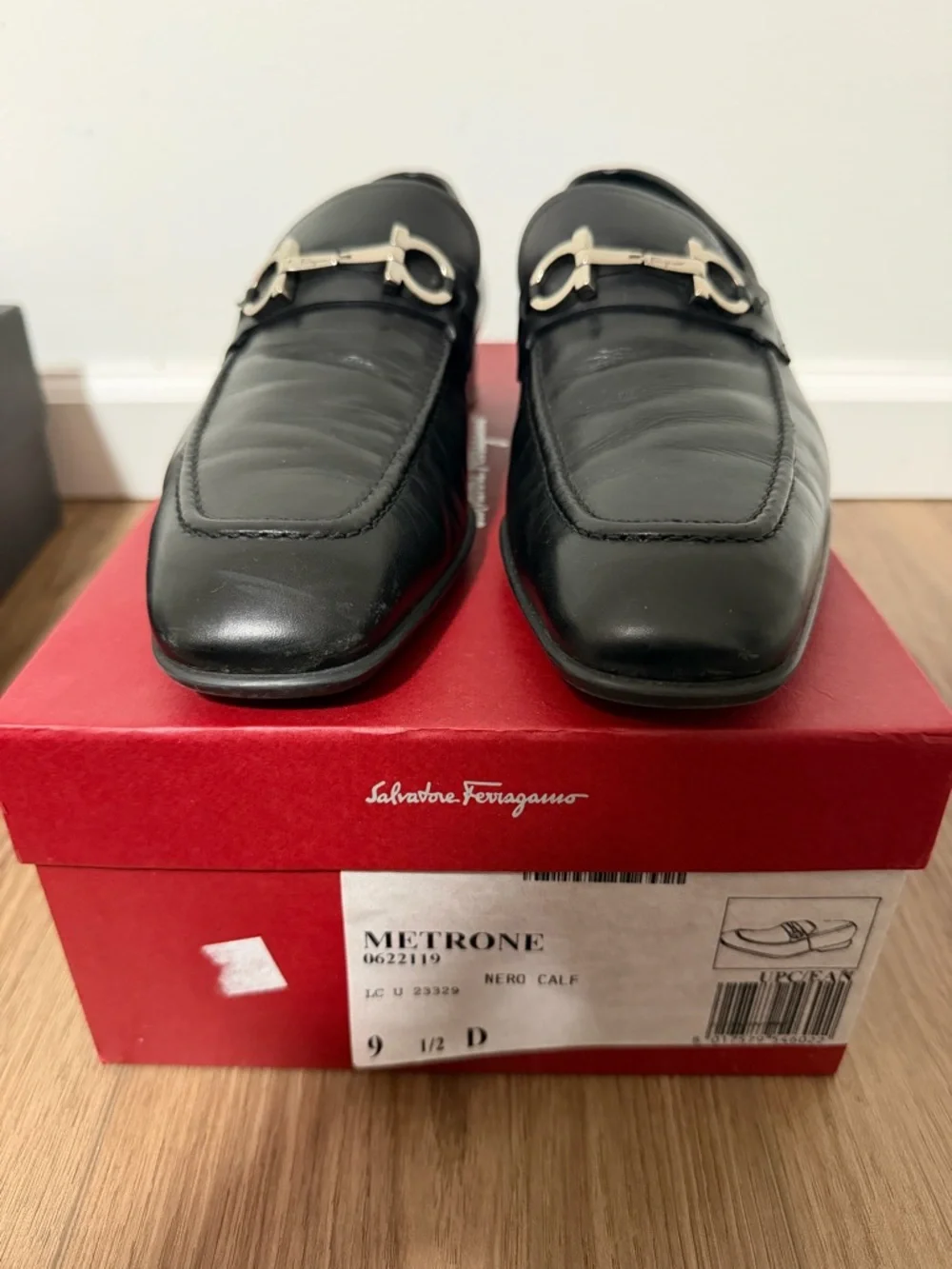 Salvatore Ferragamo Black Leather Slip-On Dress Loafers with Metal Bit